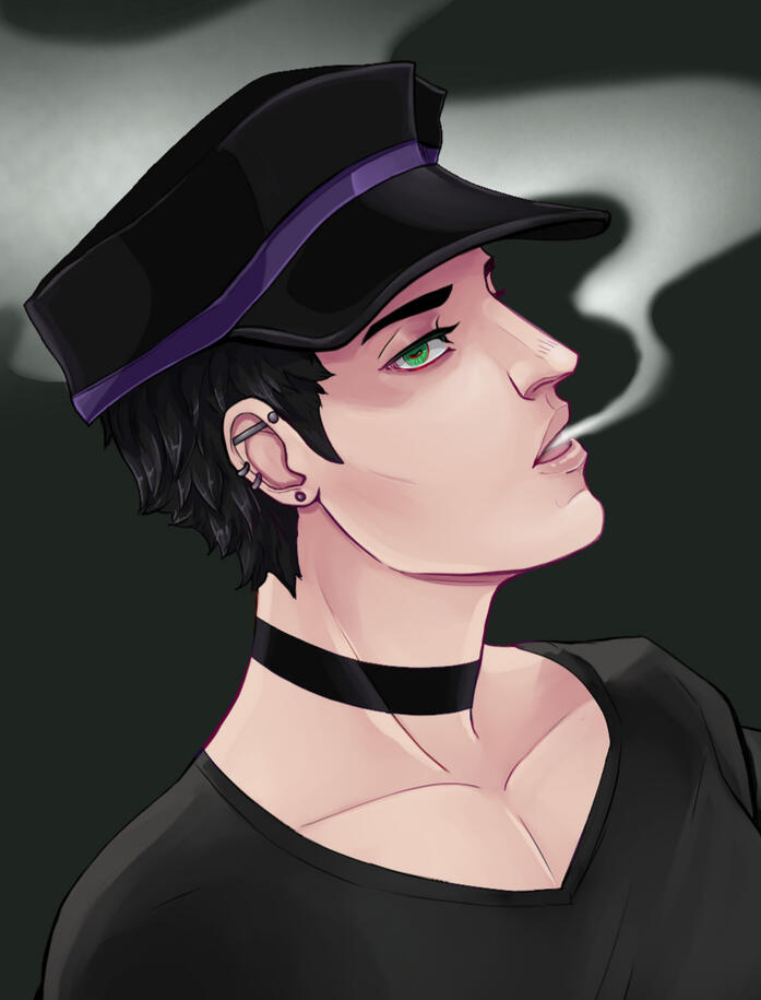 Bellamy A young man with a black cap and ear peircings, smoking